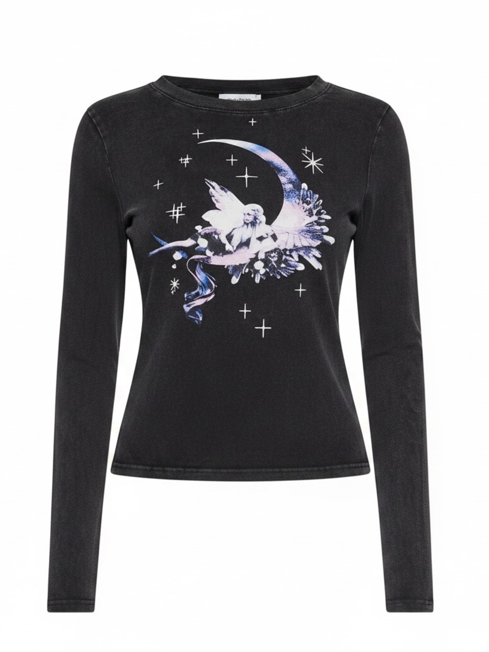 Current Mood Black Long-Sleeve Graphic Tee with Moon & Angel Motif